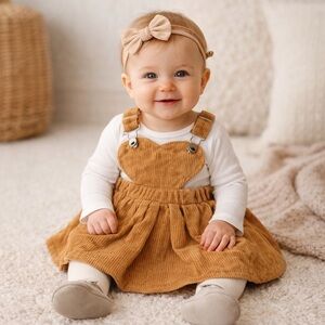 SHEIN Toddler Corduroy Pinafore Dress in Camel with Headband